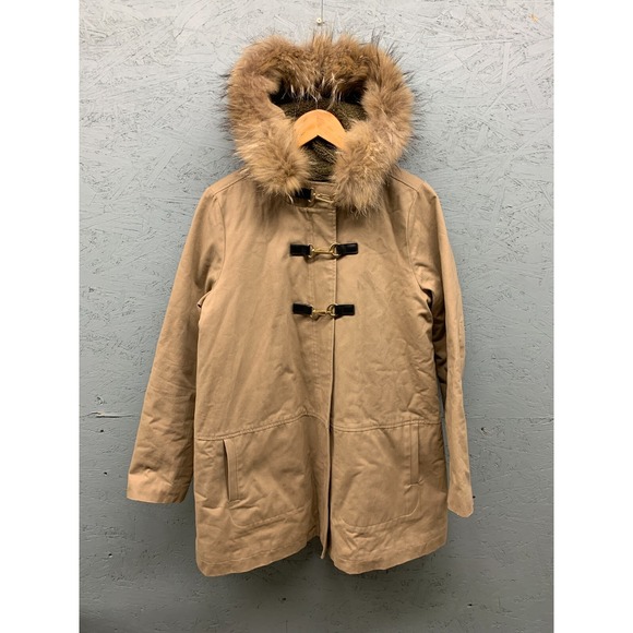 Maje Coat Toggle Hooded Women's Size 38 Beige Cotton Blend Faux Fur Winter - Picture 1 of 11